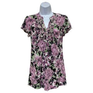 Maurices-Women's Small Pullover Top Short Sleeves Ruffle V-Neckline Floral
